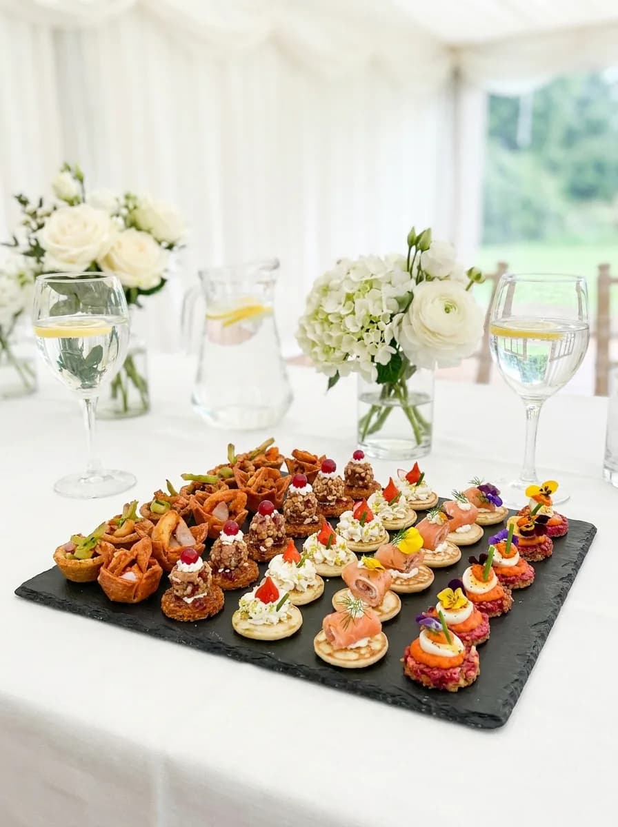 Ardoise de canapés et tartelettes salées près d'un bouquet de roses blanches