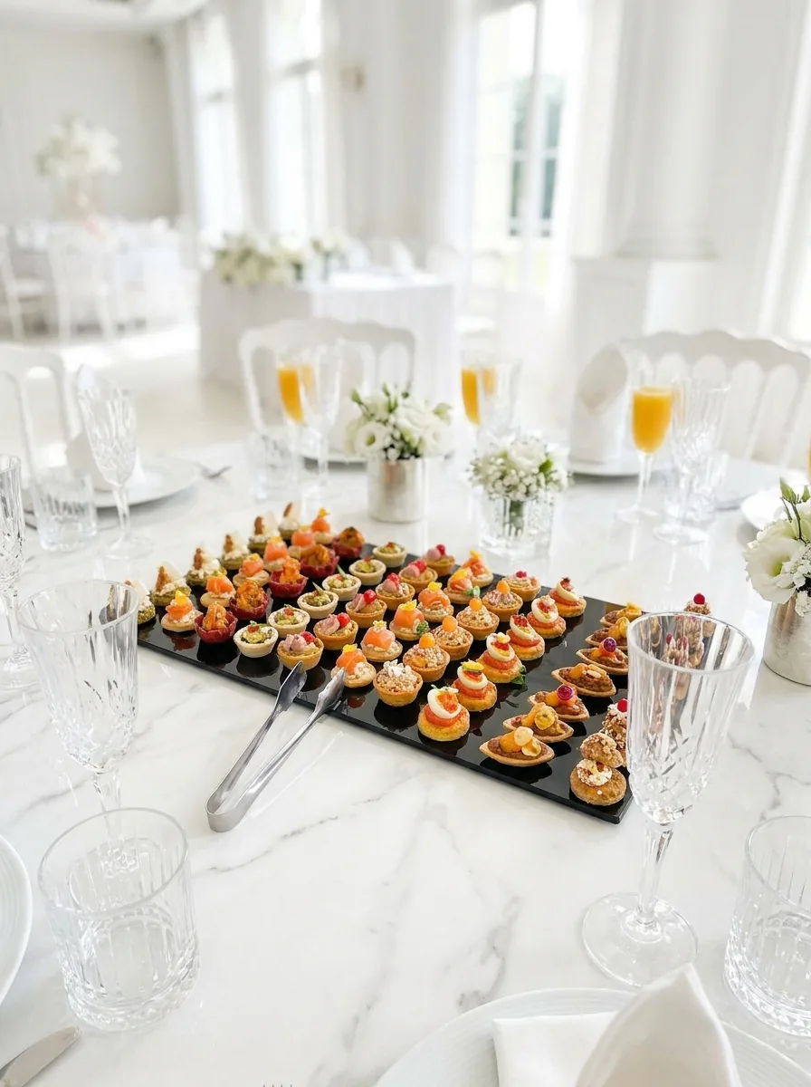 Ardoise de canapés variés sur une table ronde dans une salle de réception blanche et lumineuse