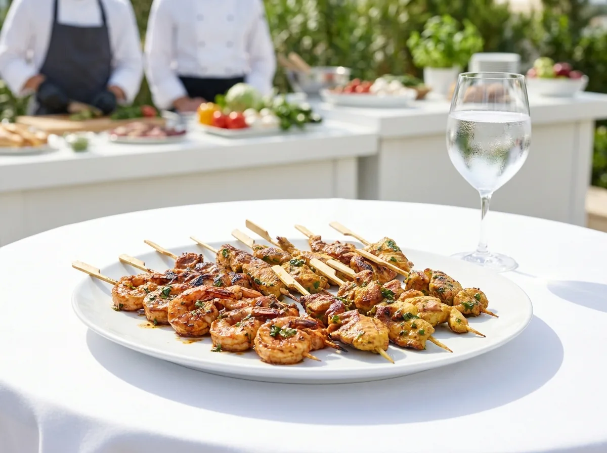 Plat de brochettes de crevettes grillées au premier plan, chefs en tenue au buffet derrière