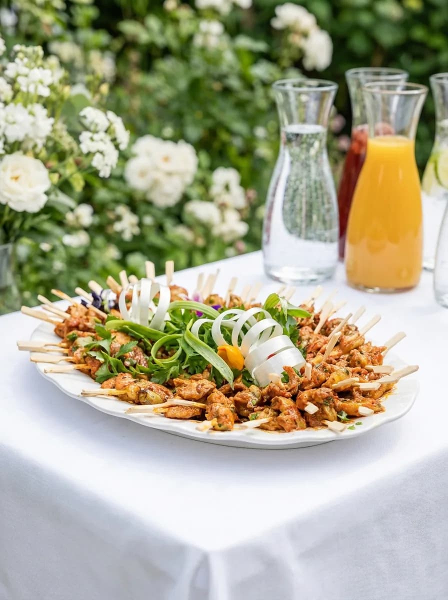 Grand plat de brochettes de poulet marinées décoré d'oignons nouveaux, carafes de jus dans un jardin
