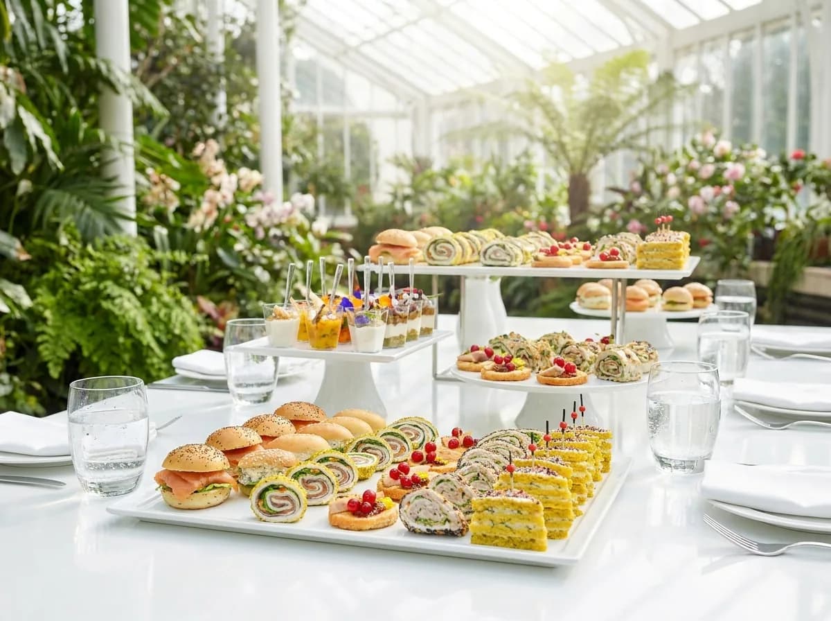 Buffet de cocktail sous une verrière : mini-burgers, sandwichs roulés et cakes salés sur nappe blanche, entourés de plantes vertes