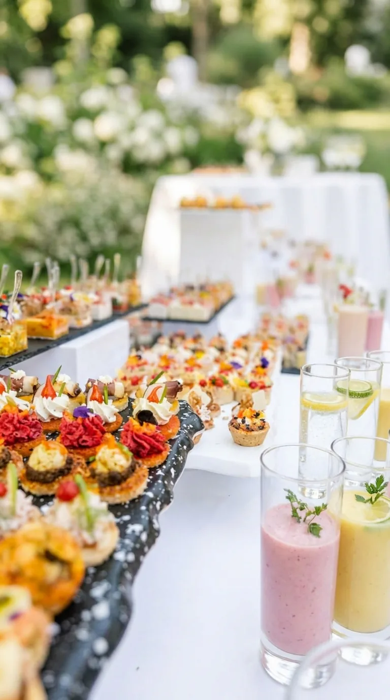 Longue table de cocktail avec verrines, bouchées et smoothies dans un jardin fleuri