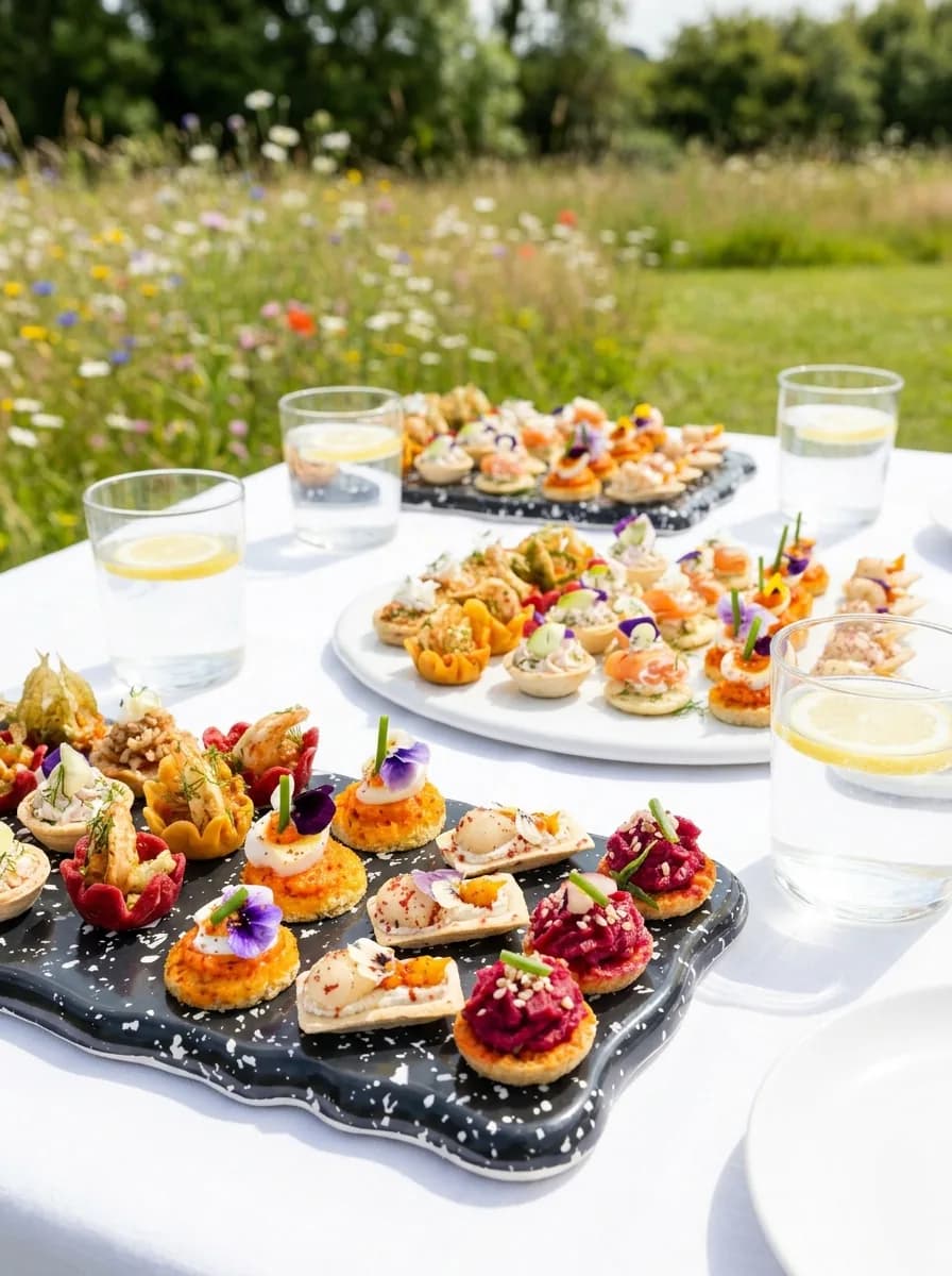 Ardoises de canapés fleuris sur une table blanche dressée au milieu d'un pré