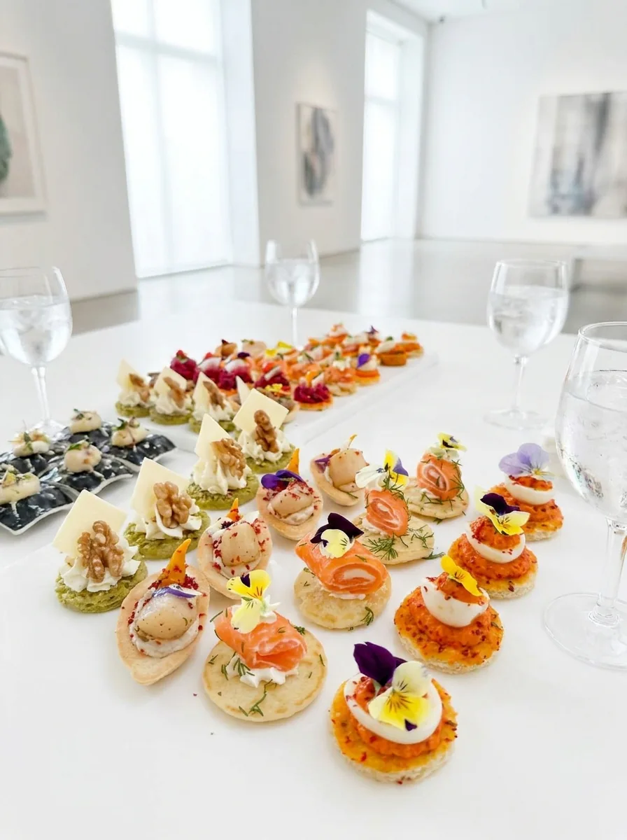 Bouchées au saumon fumé et fleurs comestibles disposées sur une table blanche