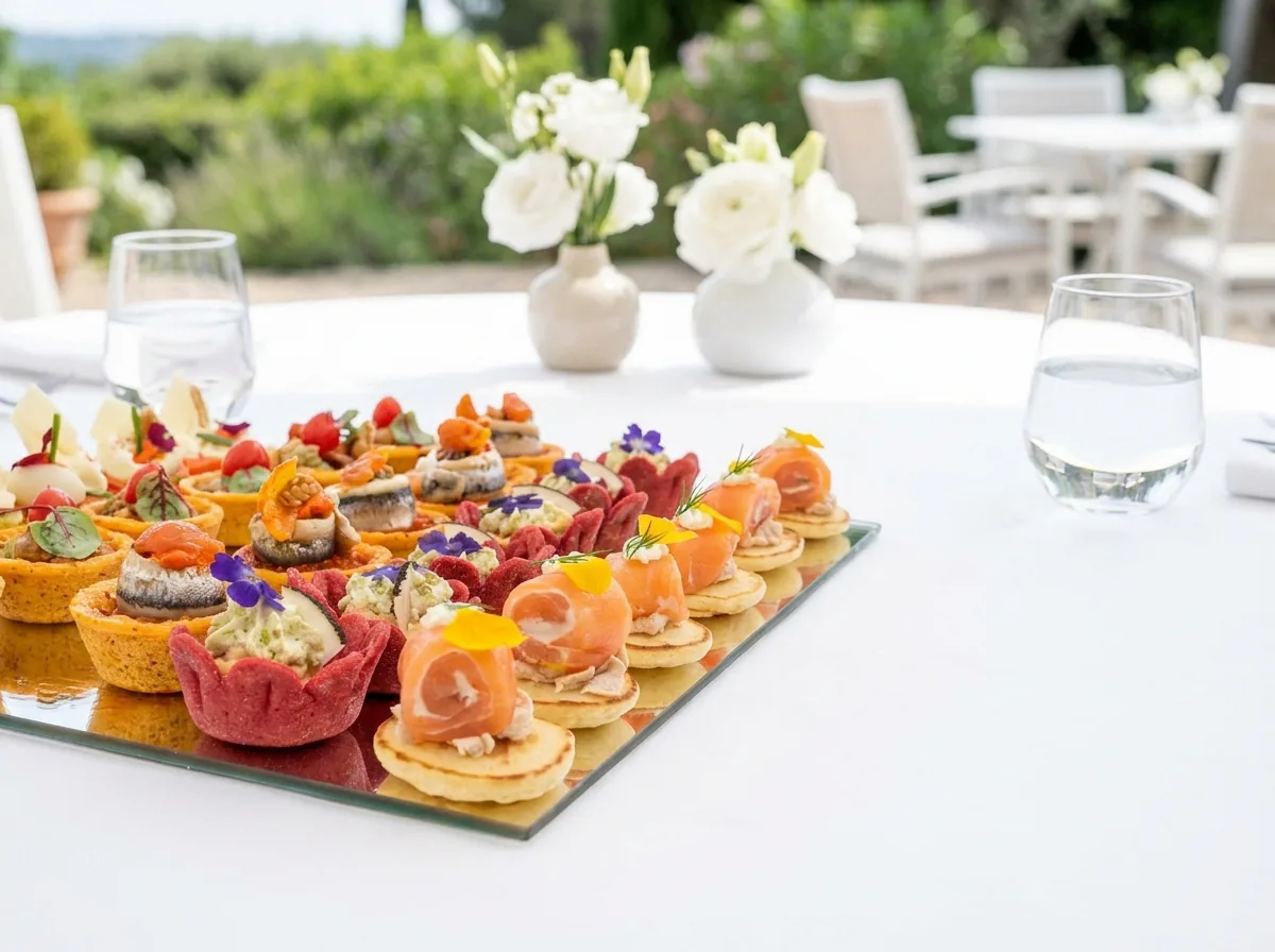 Plateau miroir de tartelettes et canapés au saumon fumé sur une terrasse fleurie