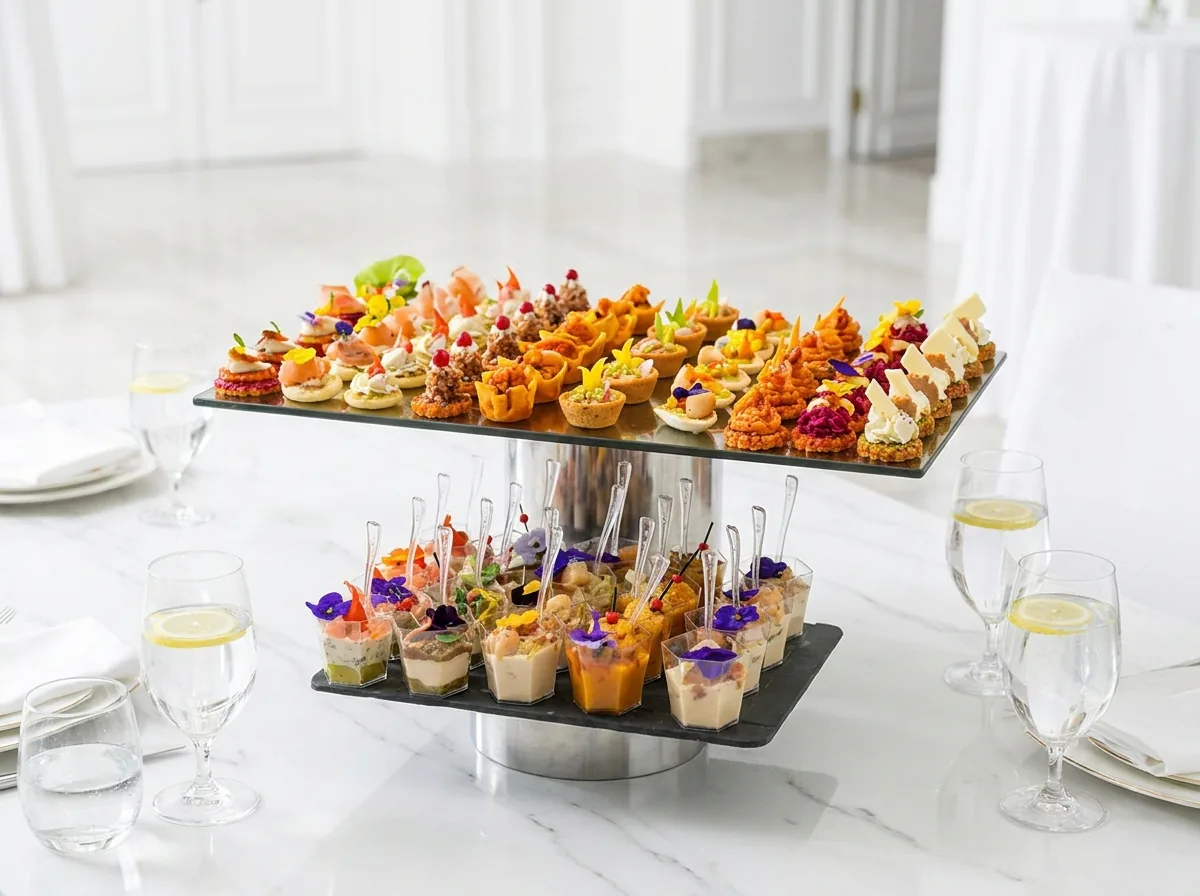 Présentoir à deux étages de canapés colorés et de verrines fleuries sur une table en marbre blanc