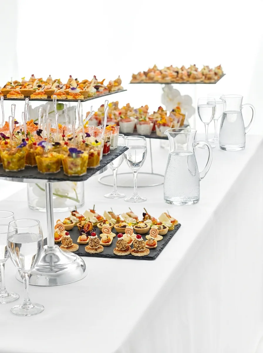 Présentoir à étages garni de canapés, verrines et bouchées colorées, carafes d'eau sur nappe blanche
