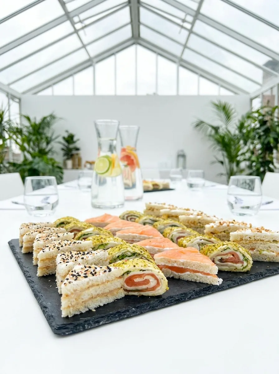 Sandwichs en triangle au saumon fumé et aux herbes alignés sur une ardoise, sous une verrière