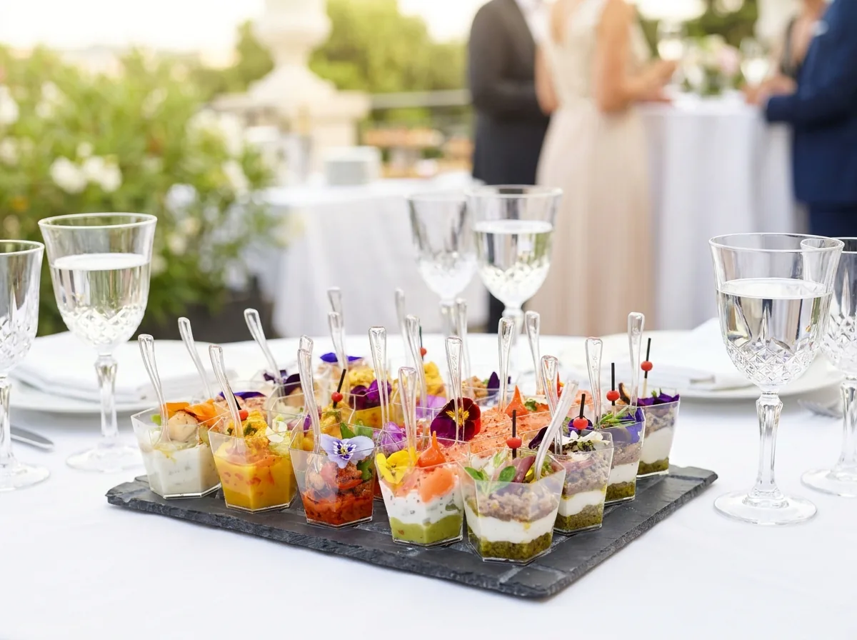 Verrines colorées décorées de fleurs comestibles sur une ardoise, invités en tenue de fête en arrière-plan