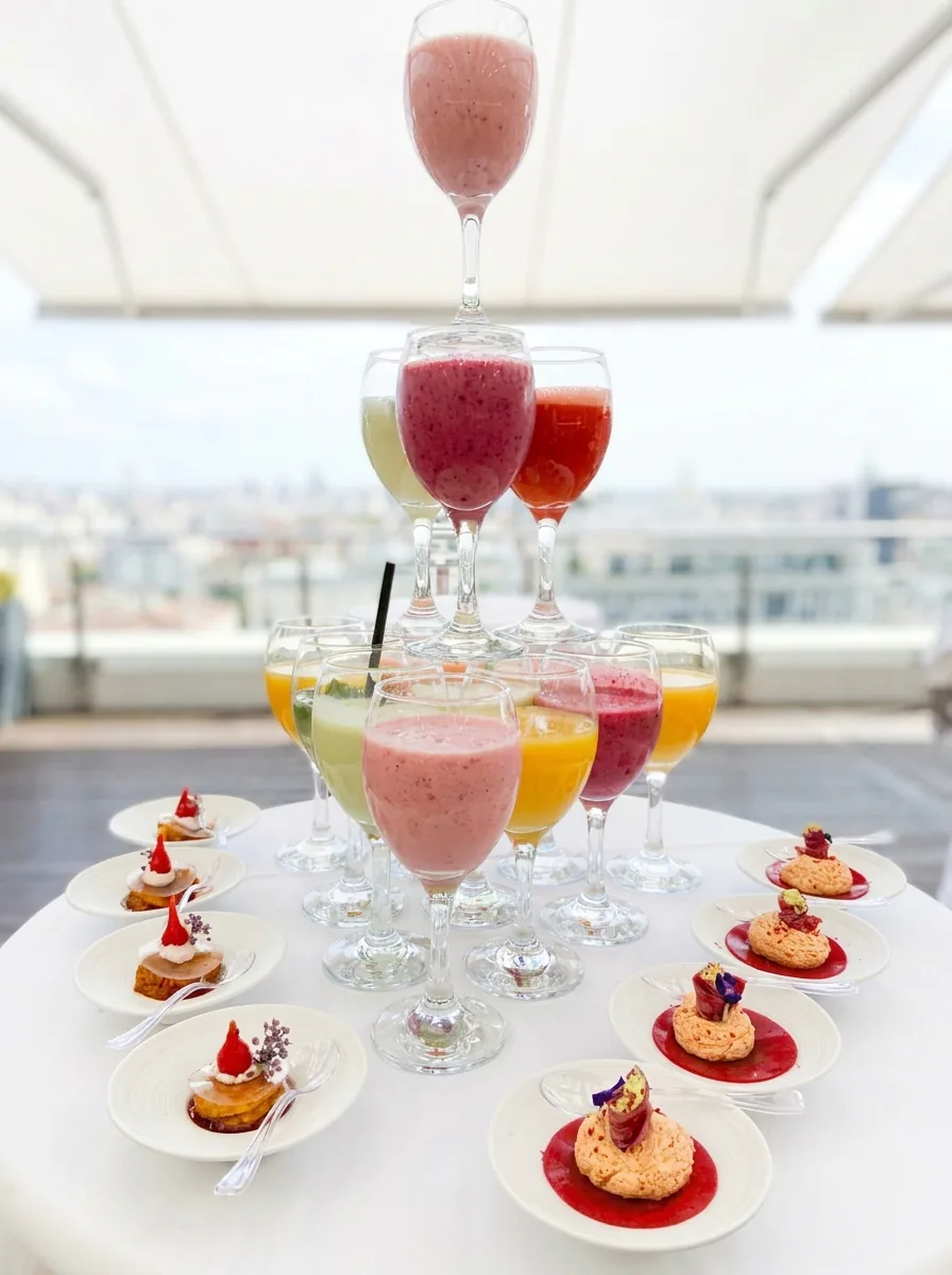 Pyramide de verres de cocktails de fruits et petites assiettes de desserts sur une terrasse