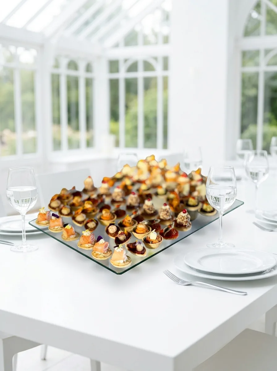 Plateau miroir de mignardises au chocolat et aux fruits secs sous une verrière blanche