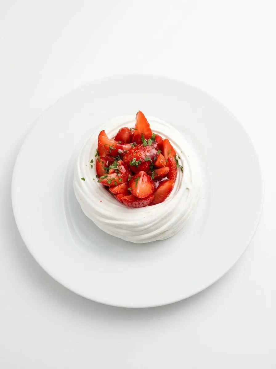 Pavlova meringuée garnie de fraises fraîches sur assiette blanche