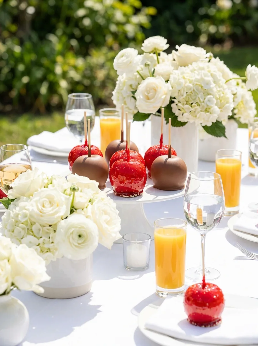 Pommes d'amour rouges et pommes au chocolat entre des bouquets de fleurs blanches et des jus d'orange