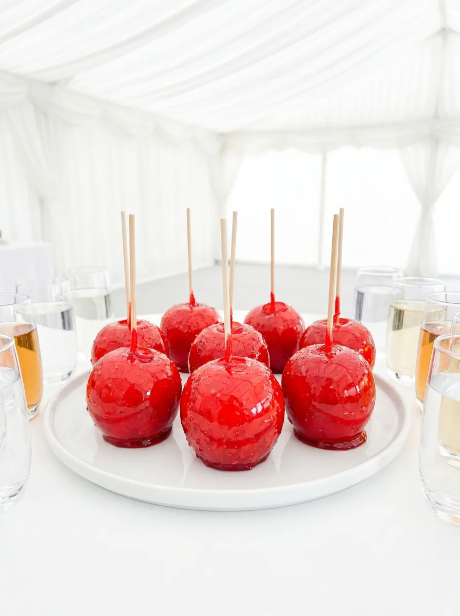 Pommes d'amour rouges brillantes sur pique, présentées sur un plat blanc