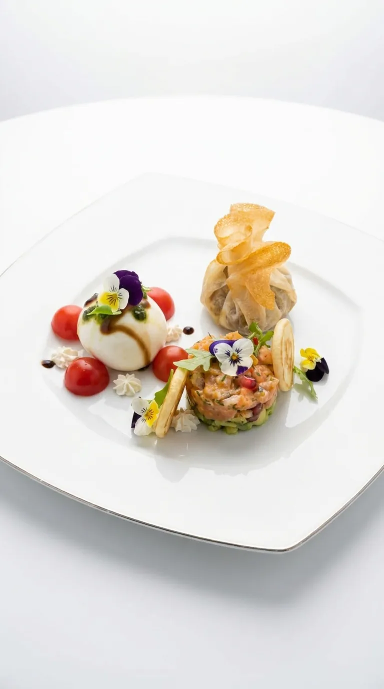 Burrata, tomates cerises, aumônière de brick et tartare de légumes sur assiette blanche