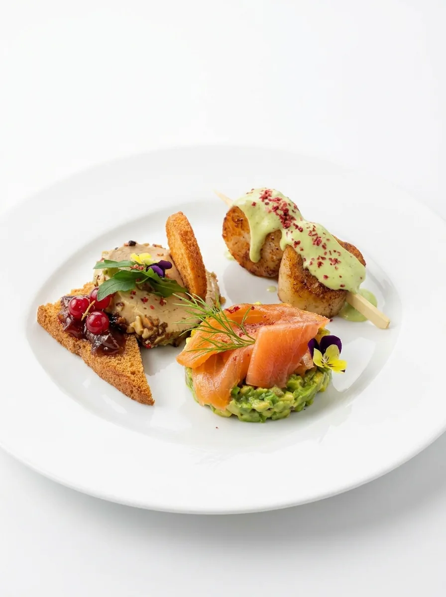 Assiette d'entrée : saumon fumé sur tartare d'avocat, croquettes dorées et toasts aux fruits rouges