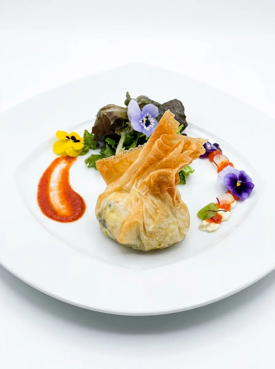 Aumônière de feuille de brick dorée, coulis de poivron et fleurs comestibles sur assiette blanche