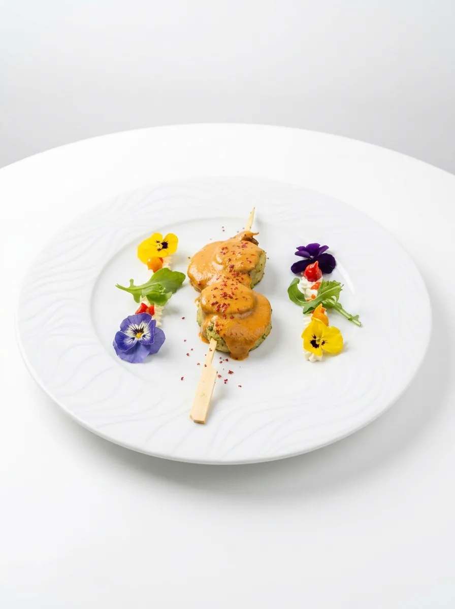 Bouchée dorée sur pique entourée de fleurs comestibles jaunes et violettes, assiette blanche