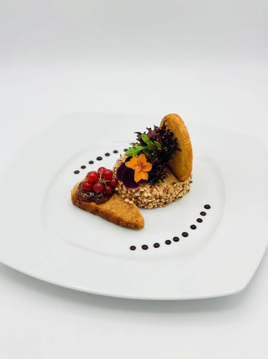 Croustillant doré garni de fruits rouges et de jeunes pousses, points de réduction sur assiette blanche