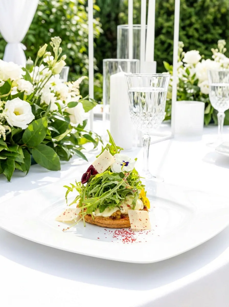 Entrée de jeunes pousses et fleurs comestibles sur galette, servie dans un jardin aux fleurs blanches