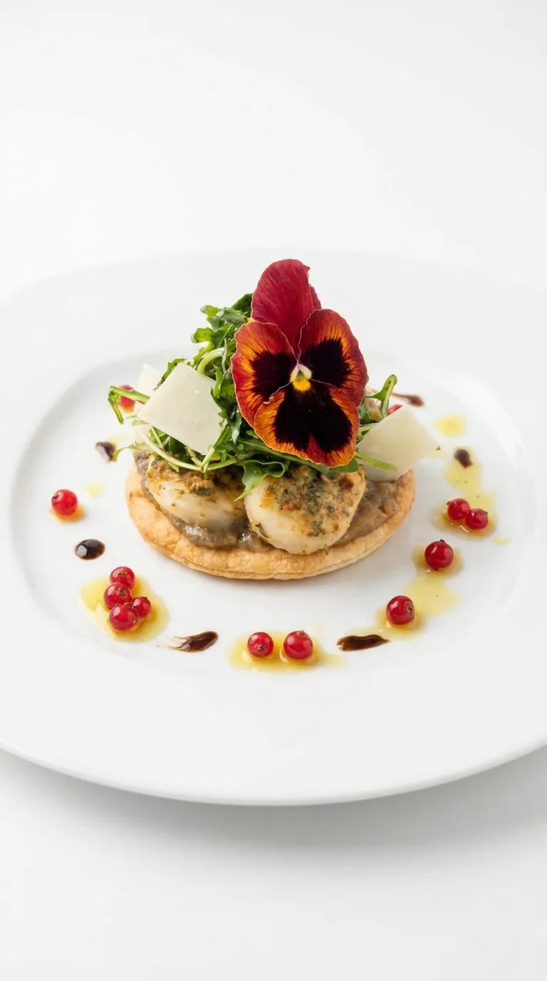 Tartelette aux champignons coiffée d'une pensée et de roquette, perles de groseille autour