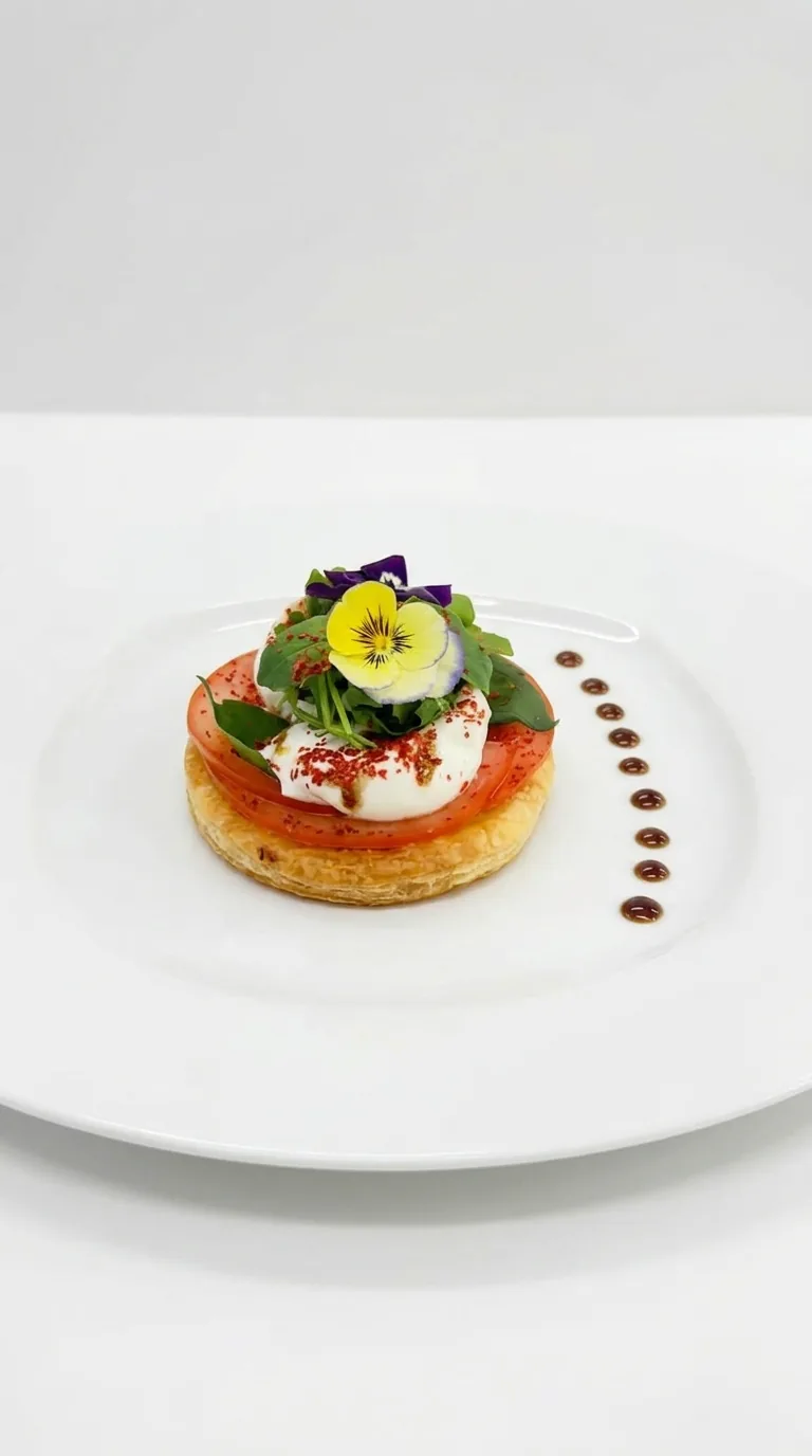 Tartelette à la tomate et burrata, jeunes pousses et pensée jaune, points de réduction