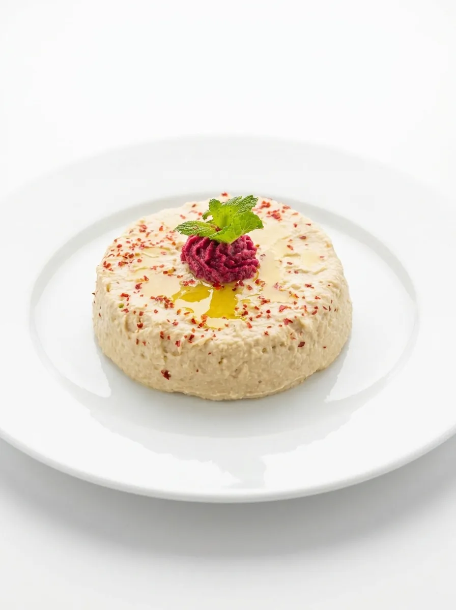 Timbale crémeuse surmontée d'une rosace de betterave et de menthe, saupoudrée de baies roses