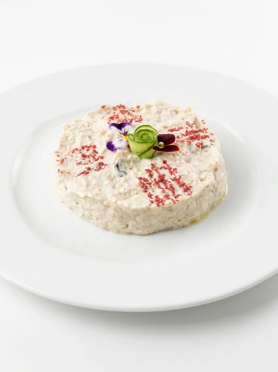Timbale crémeuse décorée de baies roses, d'une rose de concombre et de fleurs comestibles