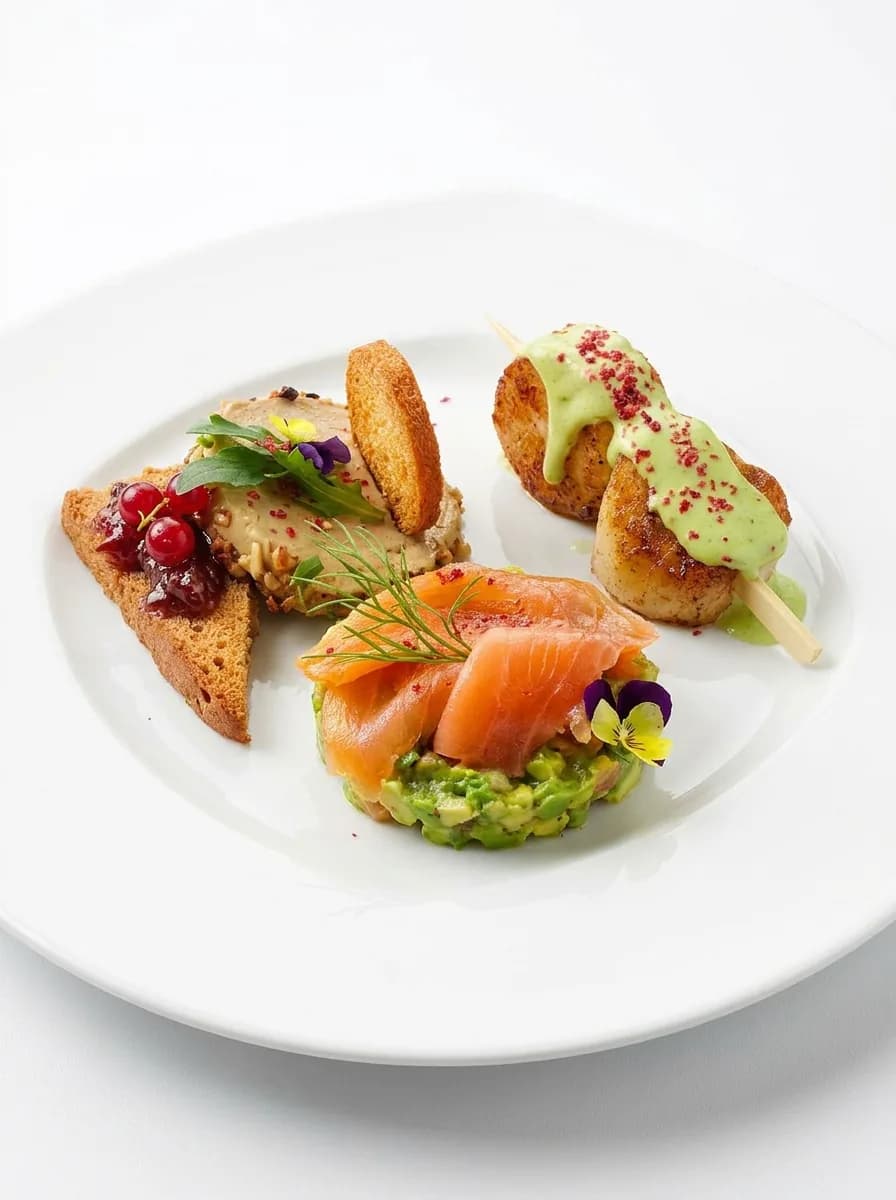 Saumon fumé sur avocat, croquettes nappées de sauce verte et toast aux fruits rouges, pensée en décor