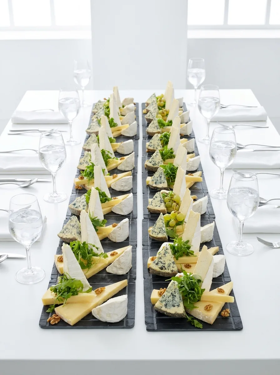 Deux longues ardoises de fromages affinés et de mesclun au centre d'une table blanche
