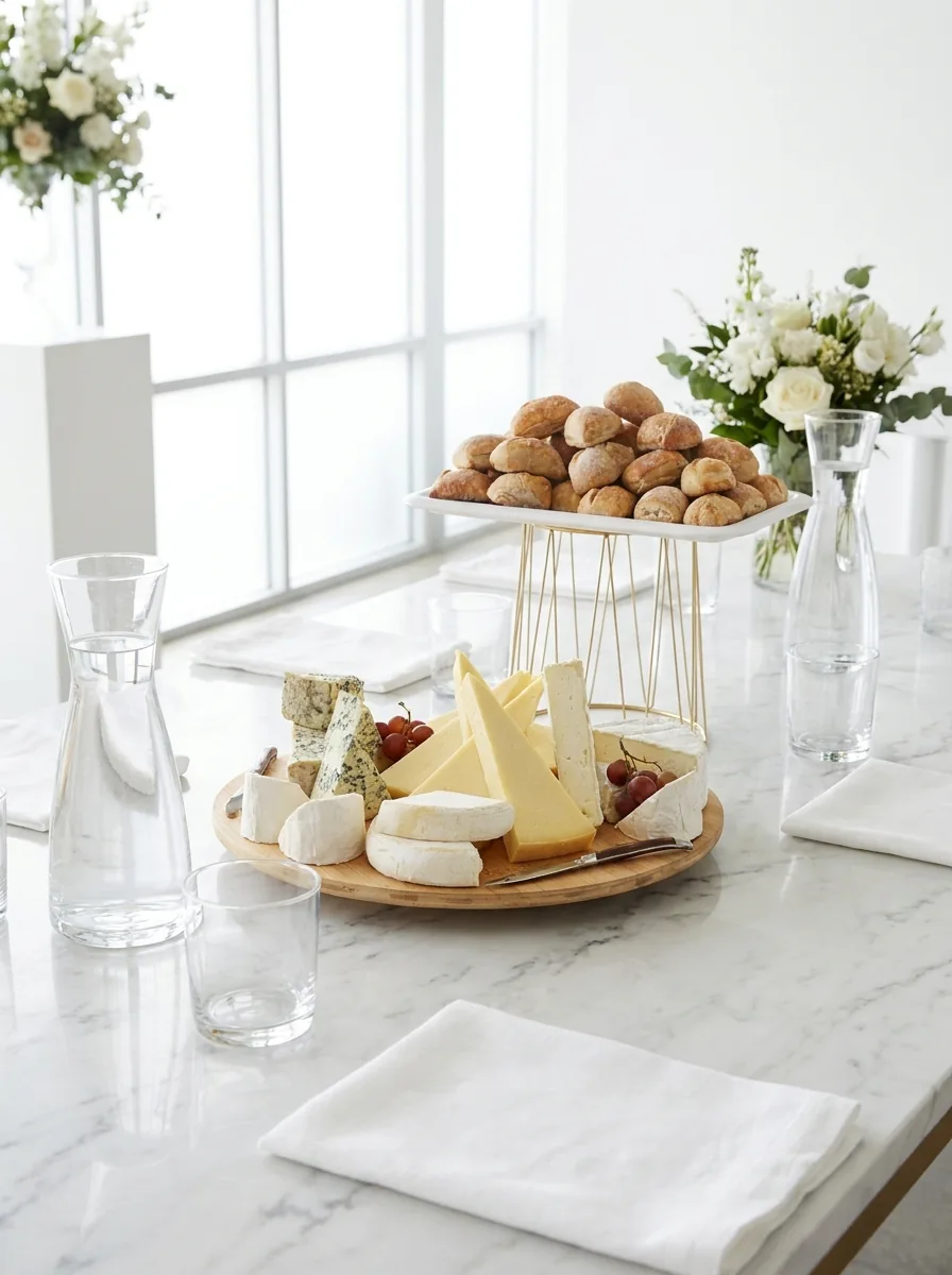 Plateau de fromages et présentoir de petits pains sur une table en marbre blanc
