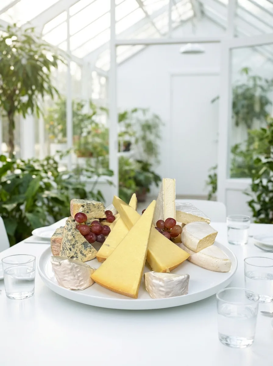 Plateau de fromages avec raisin, sous une verrière lumineuse