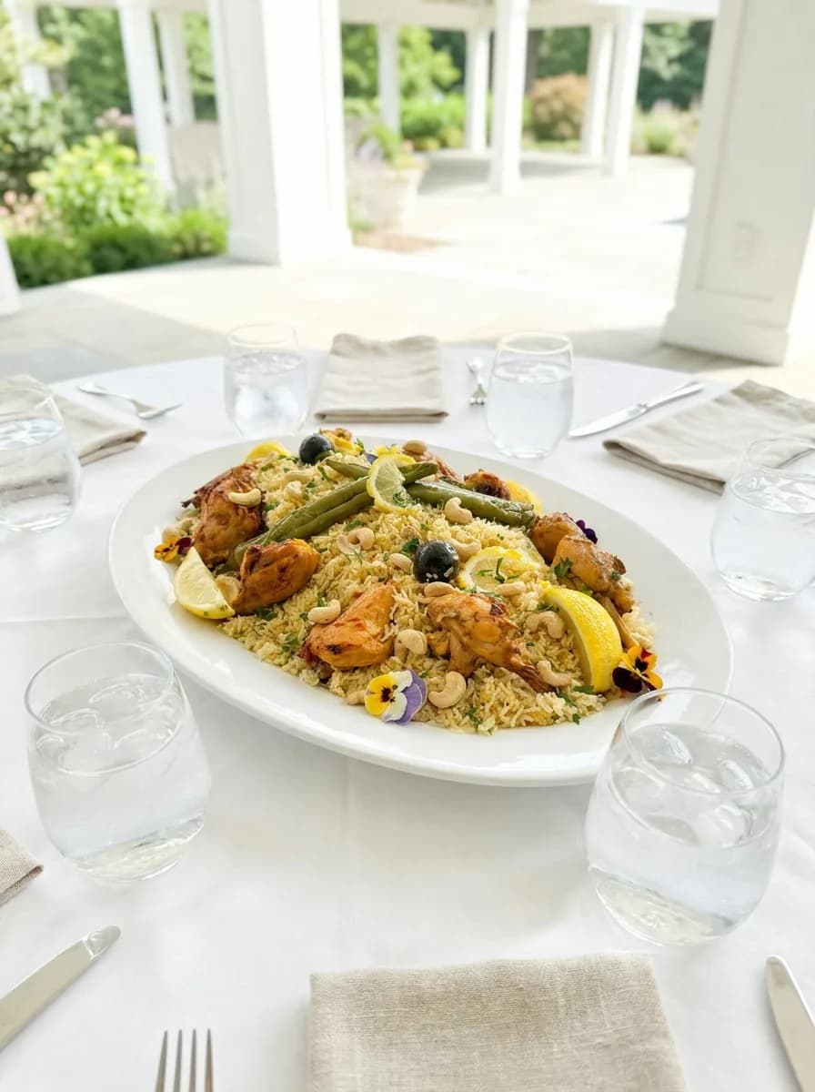 Grand plat à partager de riz aux fruits de mer, poulet, olives et citron sur une table blanche