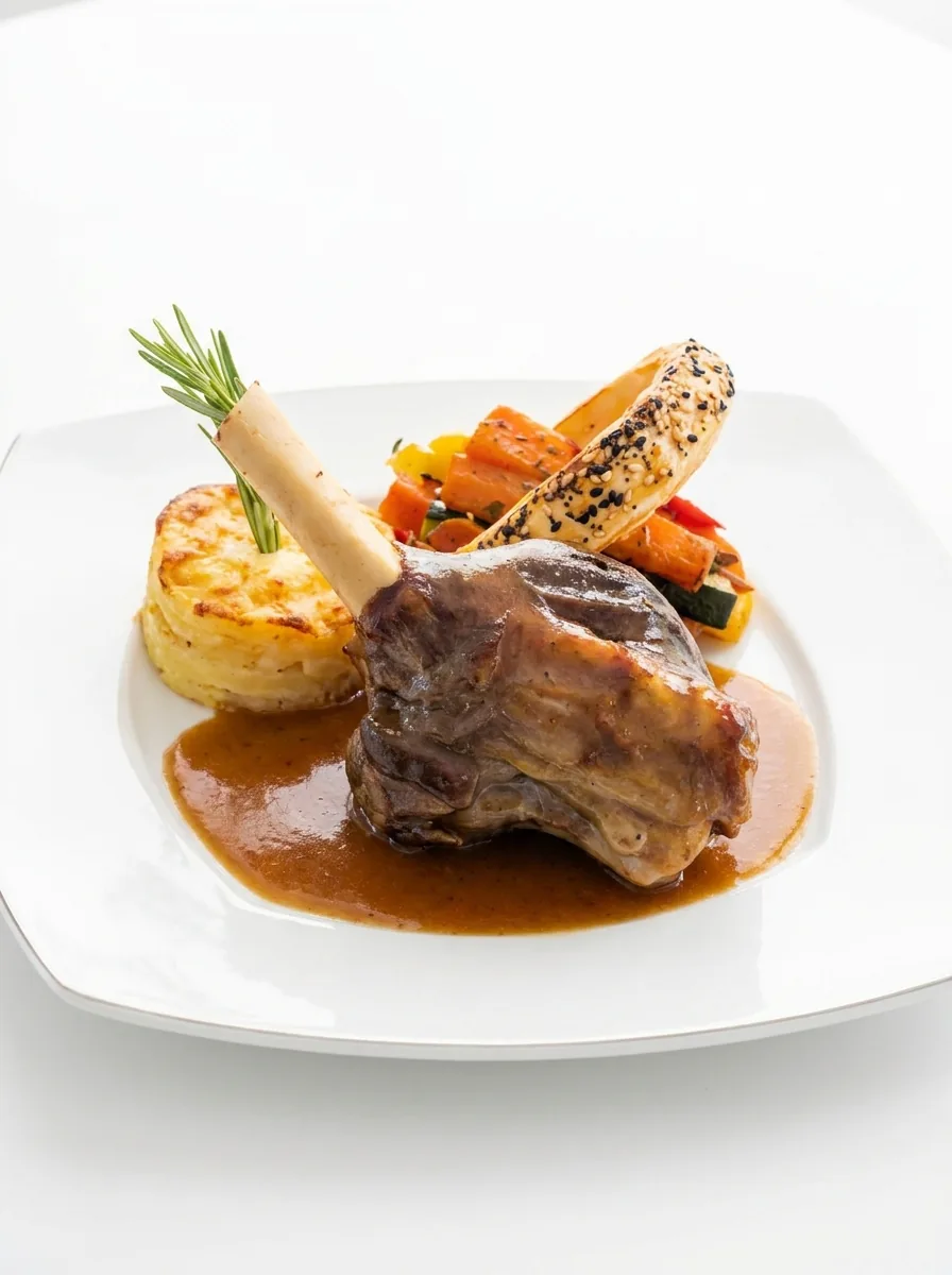 Souris d'agneau en sauce, gratin dauphinois et légumes rôtis, tuile au sésame
