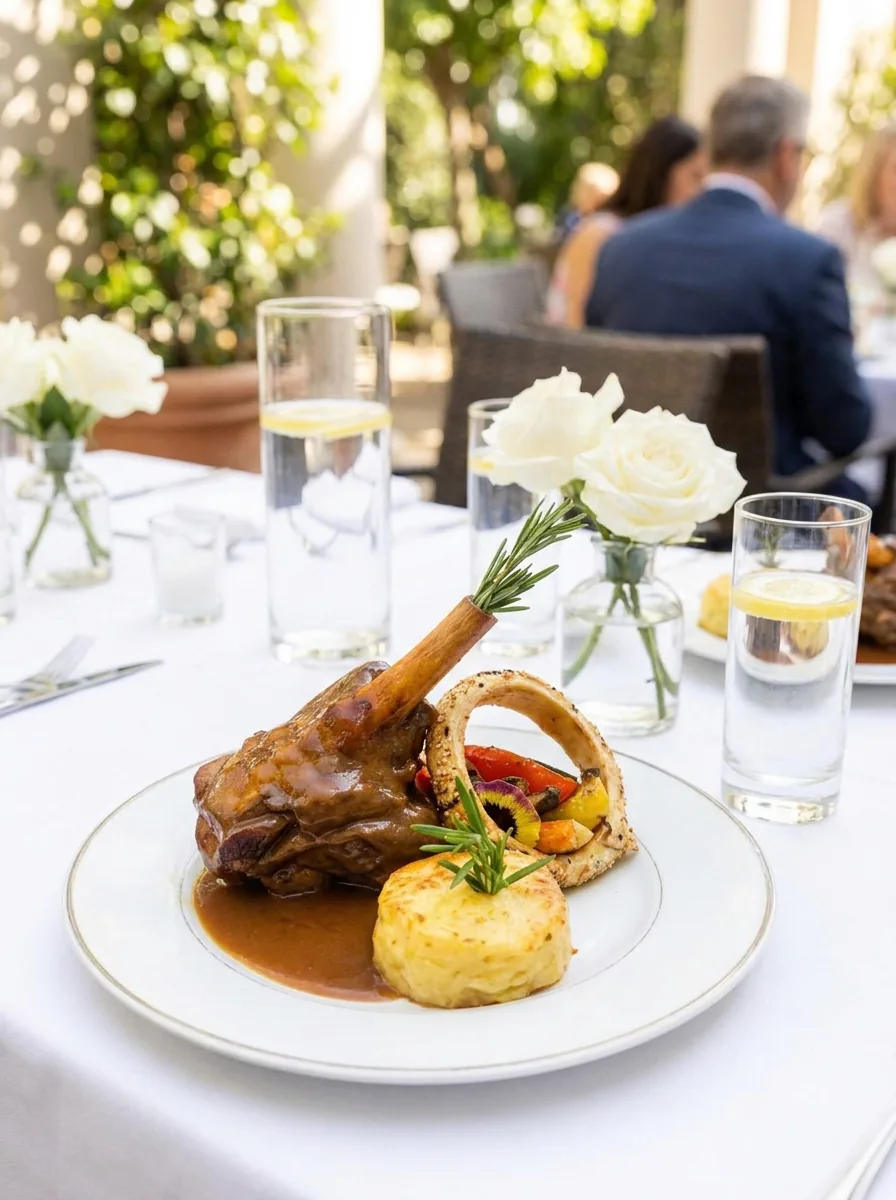 Souris d'agneau, gratin et légumes servis sur une table dressée en terrasse, invités attablés derrière