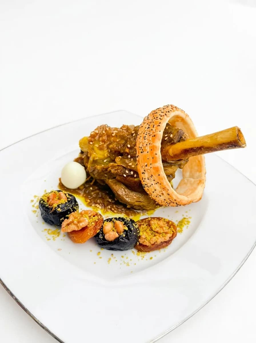 Souris d'agneau dans une couronne de pâte au sésame, pruneaux et abricots, assiette blanche