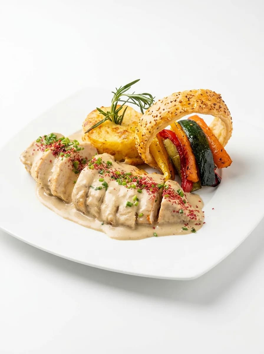 Suprême de volaille tranché en sauce crème, légumes rôtis et feuilleté, sur assiette blanche