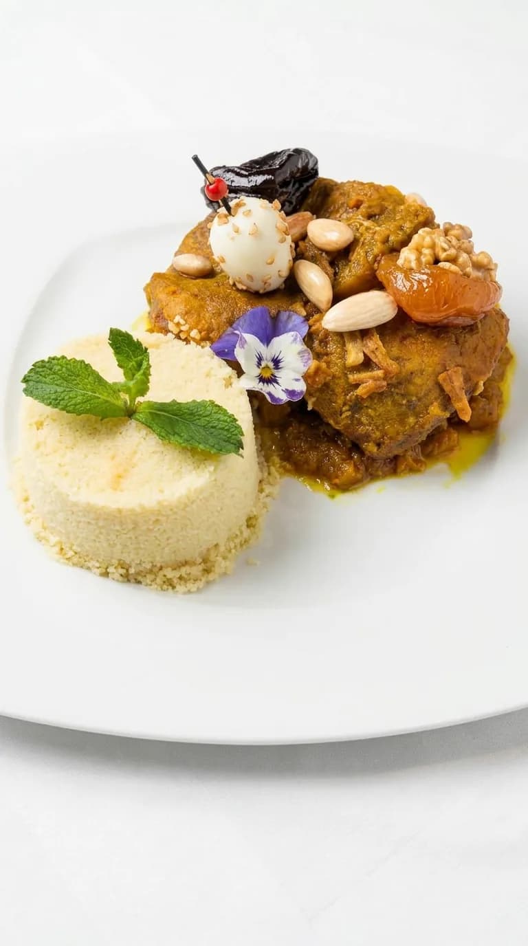 Agneau confit aux pruneaux et amandes grillées, timbale de semoule, servi à l'assiette