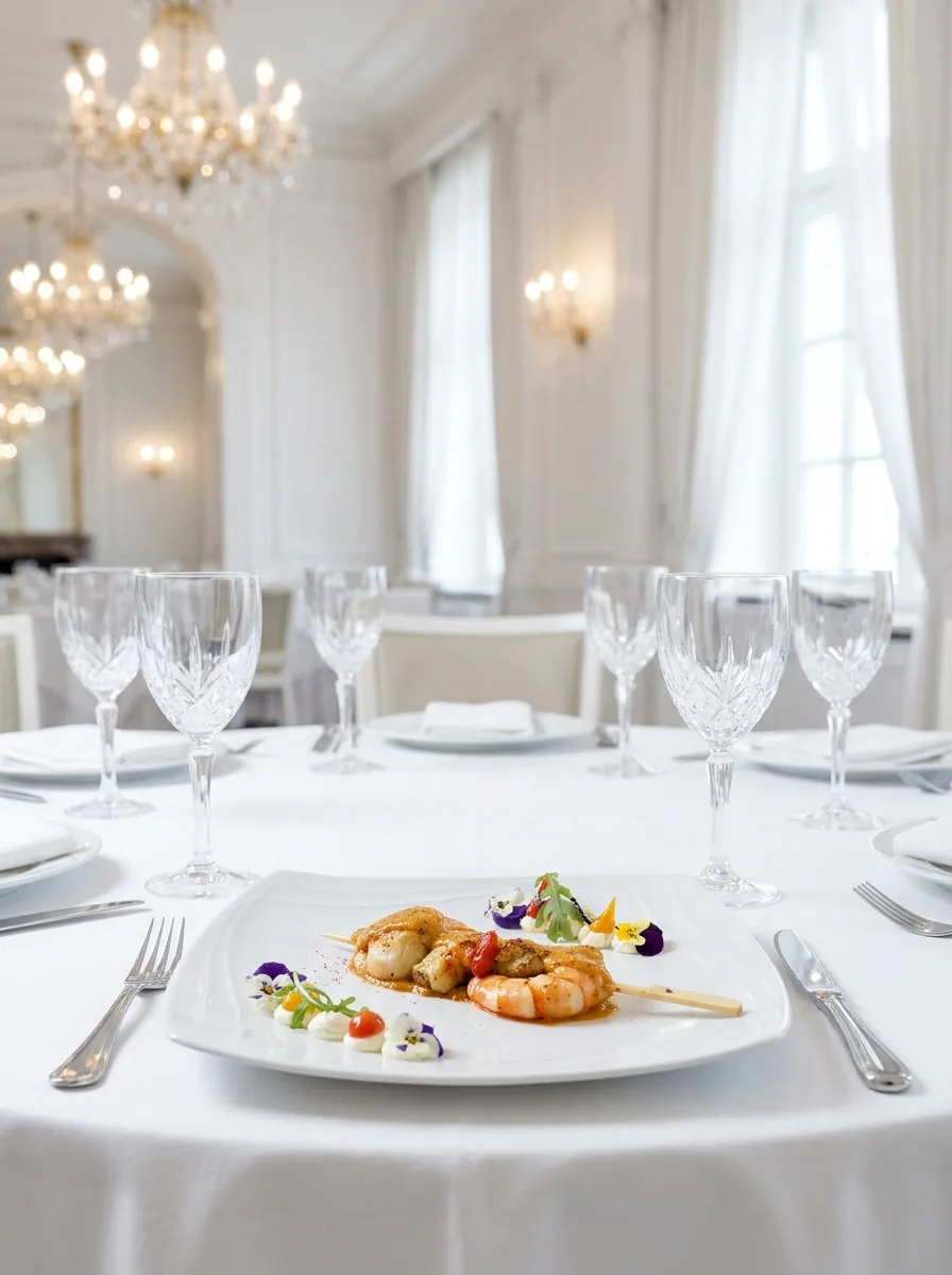 Assiette d'entrée sur une table ronde dressée dans un salon blanc aux lustres de cristal