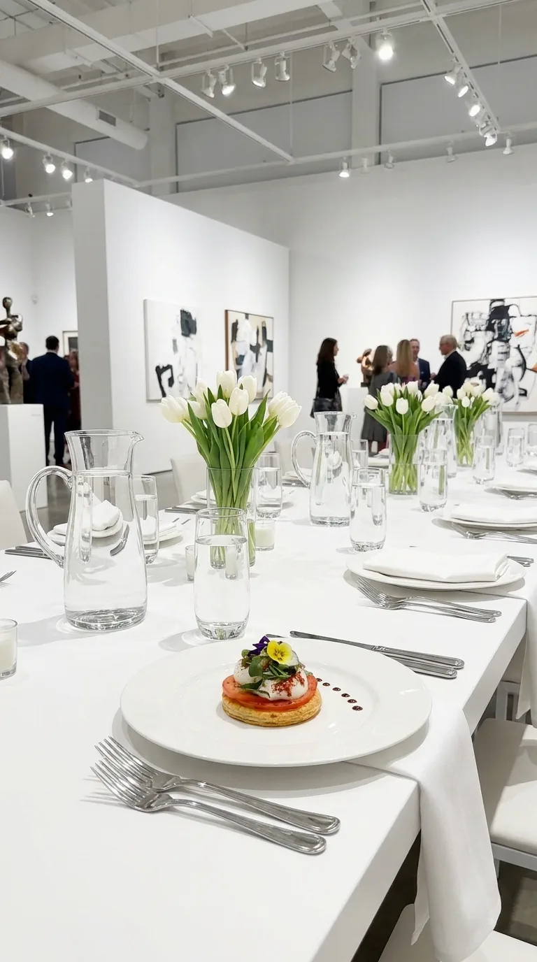 Longue table blanche dressée dans une galerie, tulipes blanches et invités en arrière-plan