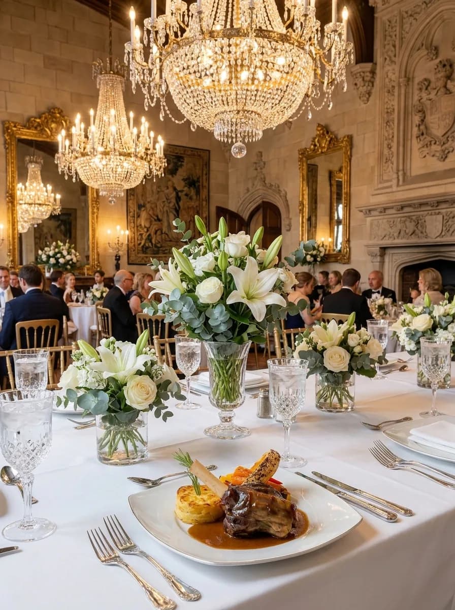 Souris d'agneau servie dans une salle de château aux lustres de cristal, invités attablés
