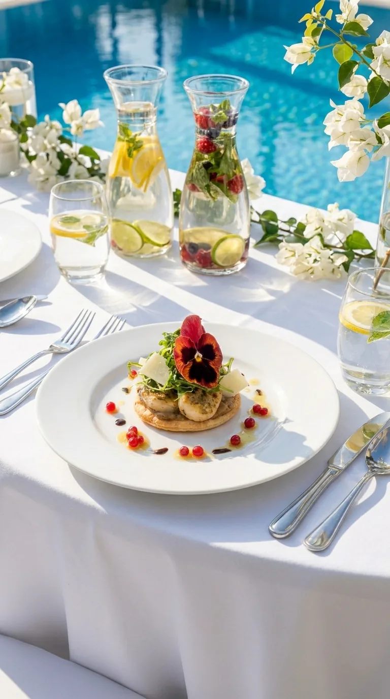 Tartelette fleurie servie sur une table au bord d'une piscine, carafes d'eau aromatisée