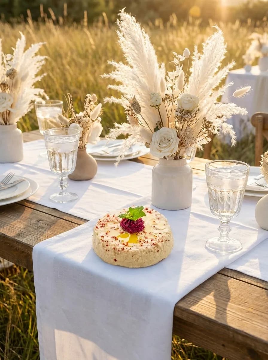 Timbale servie sur une table champêtre décorée d'herbes de la pampa, lumière de fin de journée