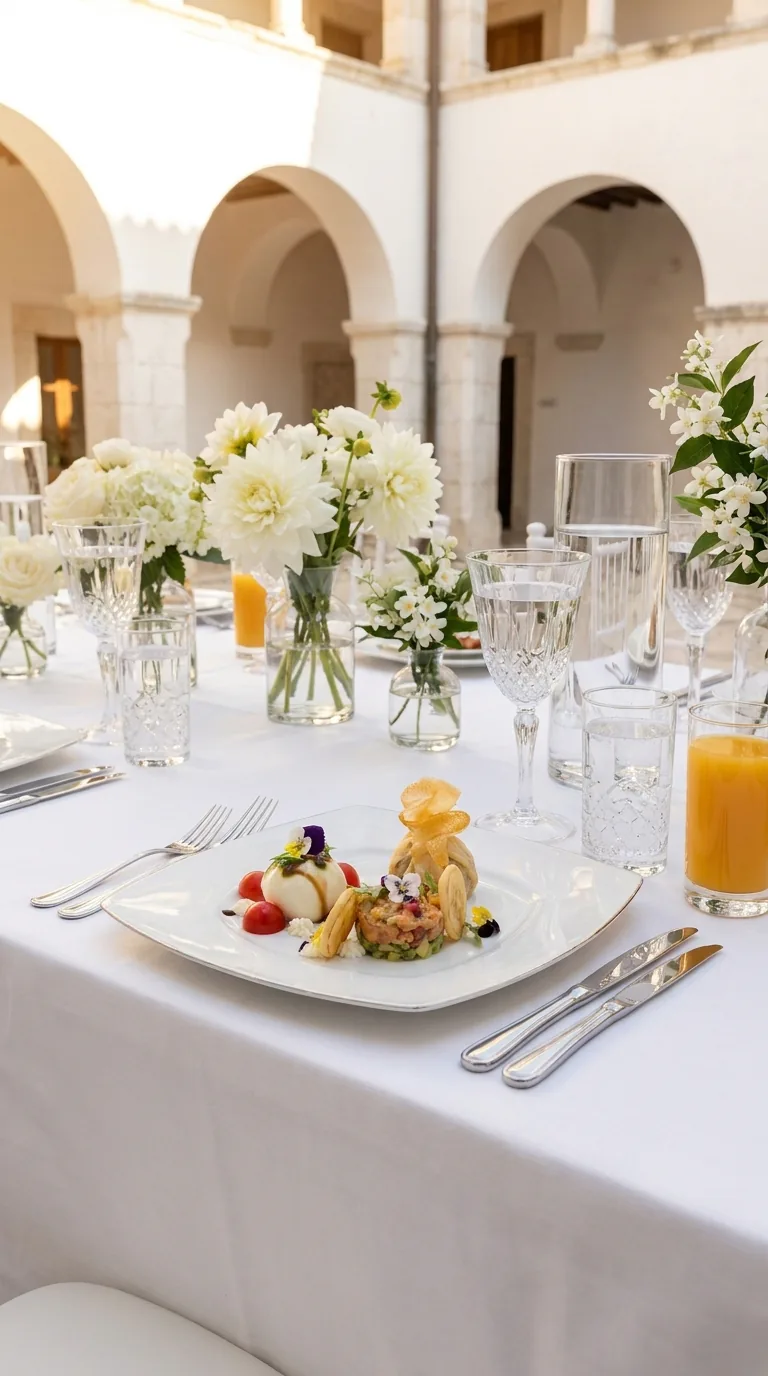 Table dressée sous des arcades en pierre, bouquets de fleurs blanches et assiette d'entrée