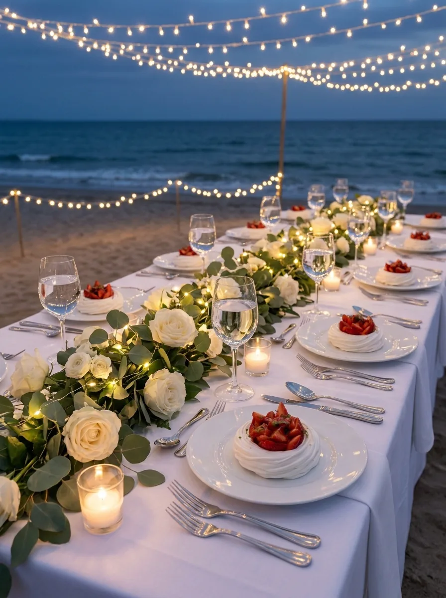 Longue table de dessert sous des guirlandes lumineuses, chemin de roses blanches et bougies