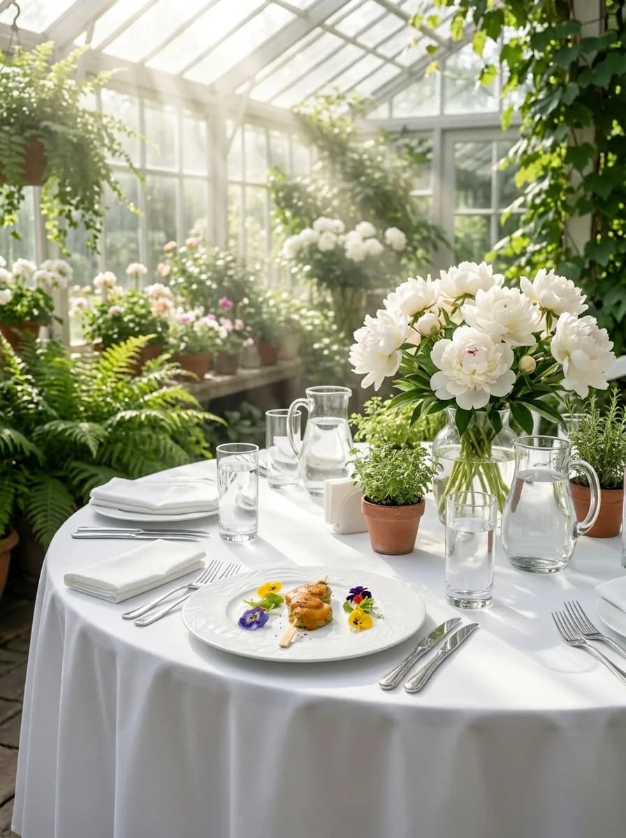 Table dressée sous une verrière, bouquet de pivoines blanches et entrée fleurie