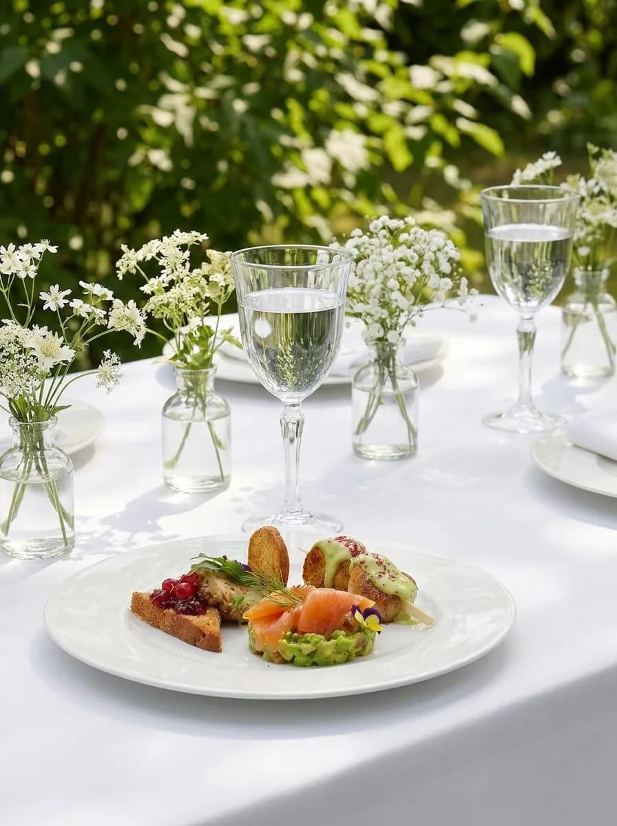 Entrée au saumon servie sur une table de jardin décorée de gypsophile et de verres en cristal