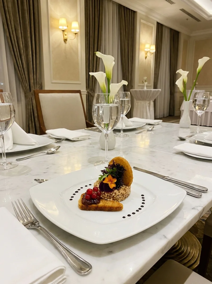 Entrée servie sur une table en marbre décorée d'arums blancs, chaises capitonnées