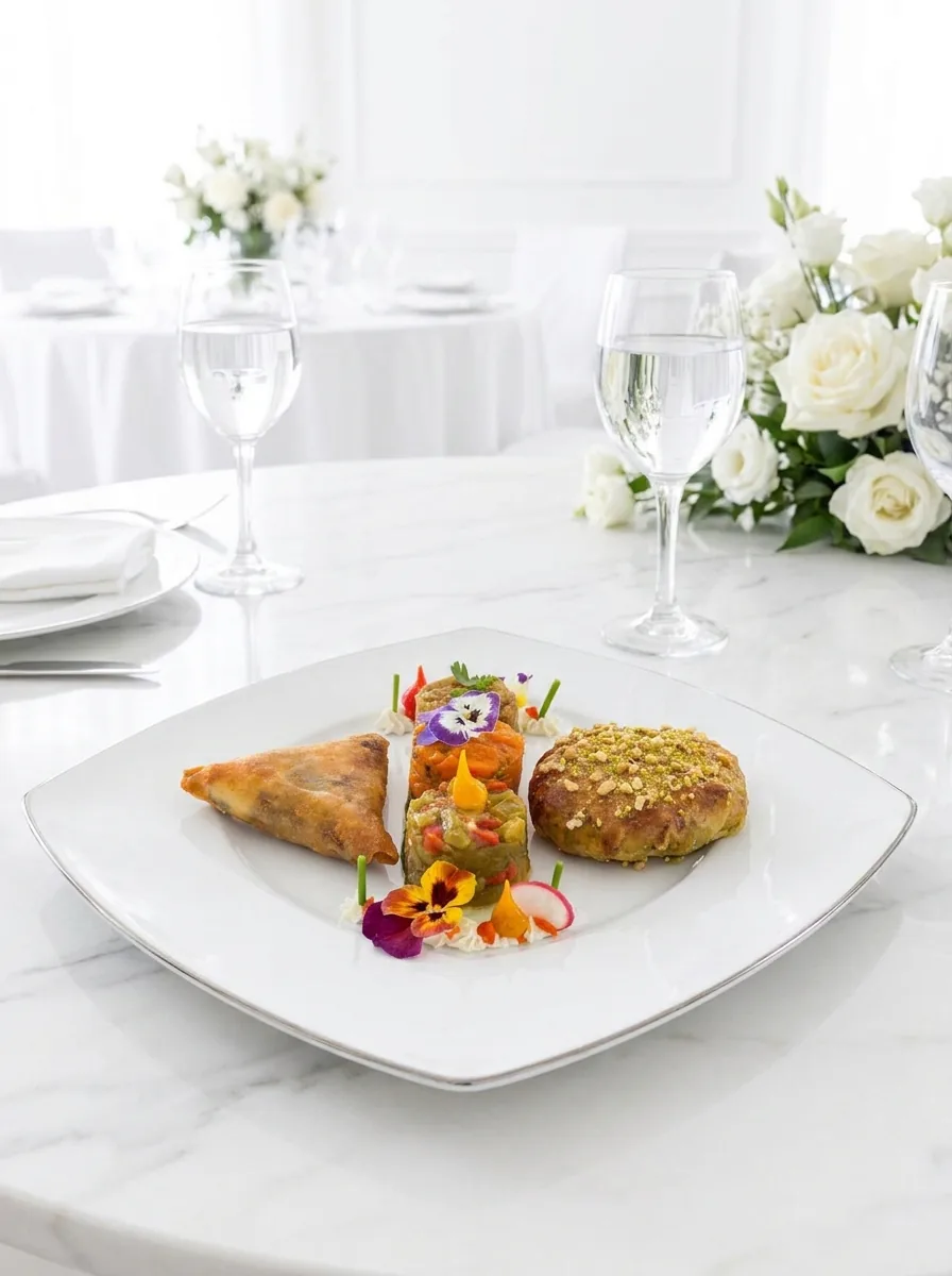Assiette d'entrées orientales sur une table en marbre, roses blanches et verres en cristal