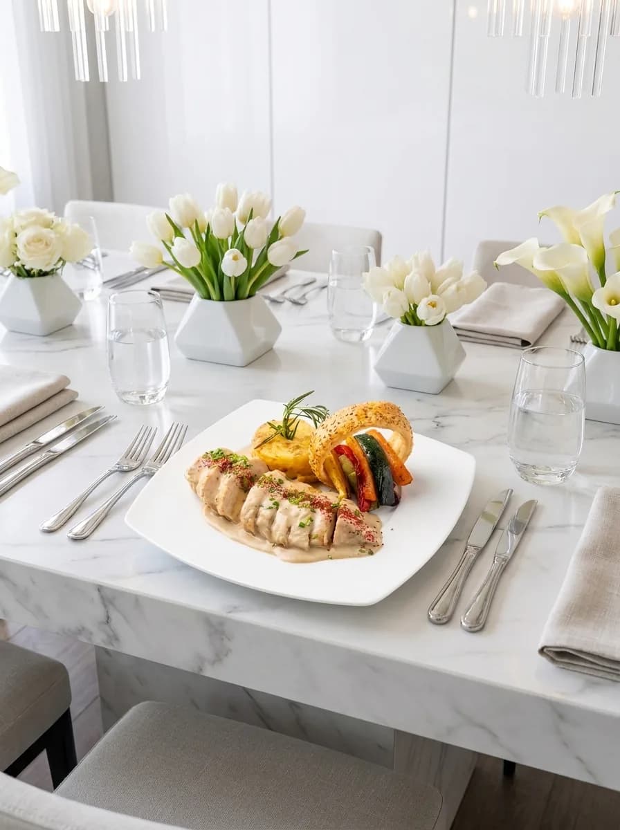 Suprême de volaille servi sur une table en marbre décorée de tulipes blanches